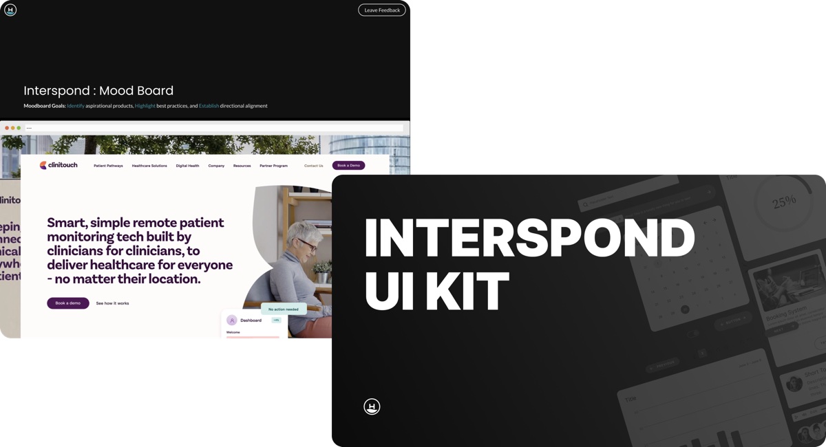 Interspond moodboard next to the Interspond UI kit cover