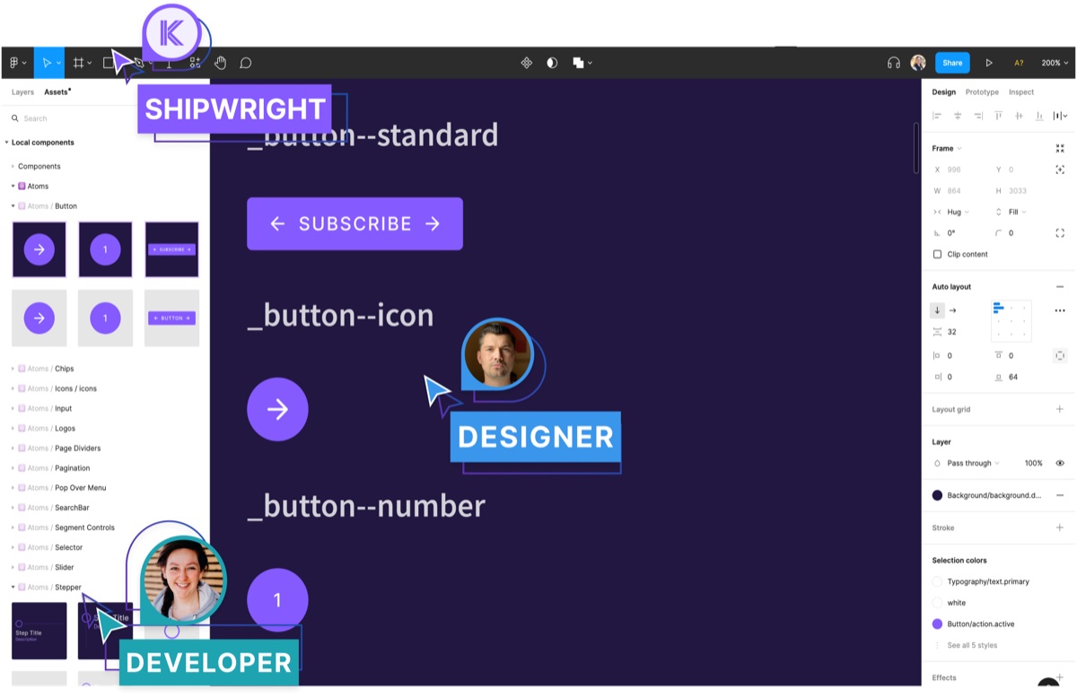 Designer and developer cursors working on the same Shipwright button components
