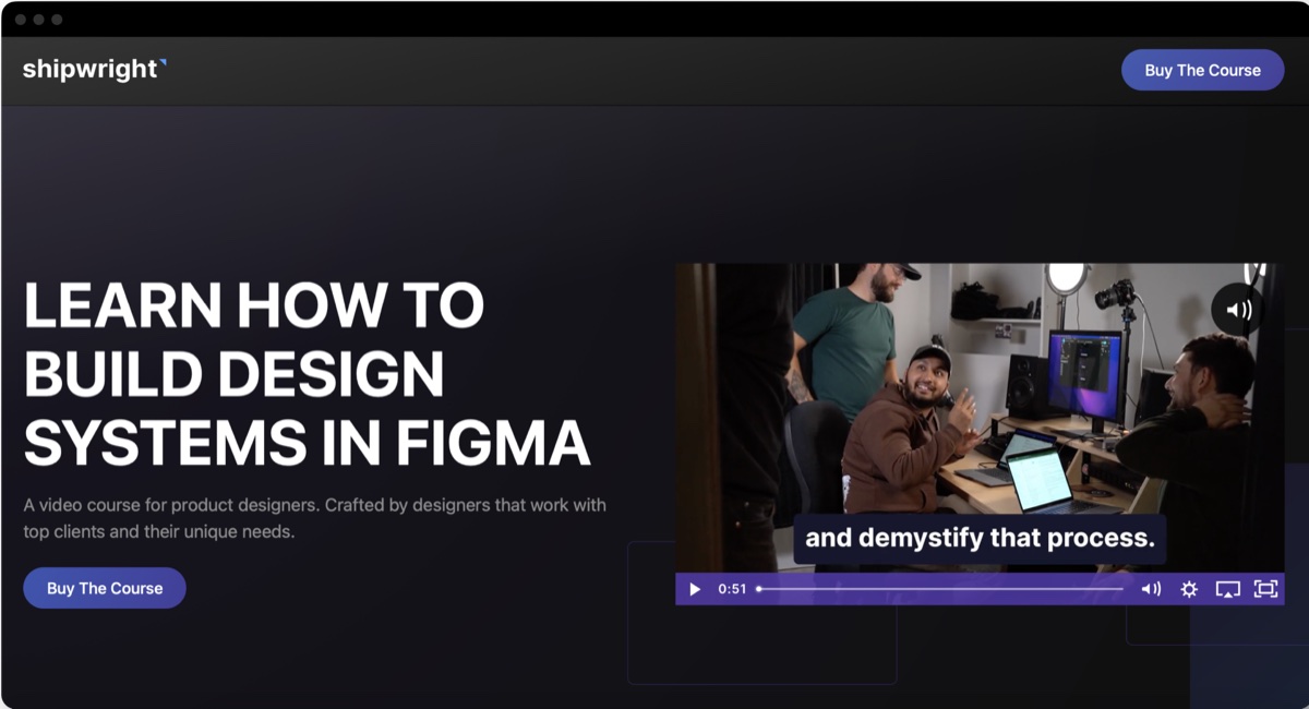The course website: Learn how to build design systems in Figma, with a video preview