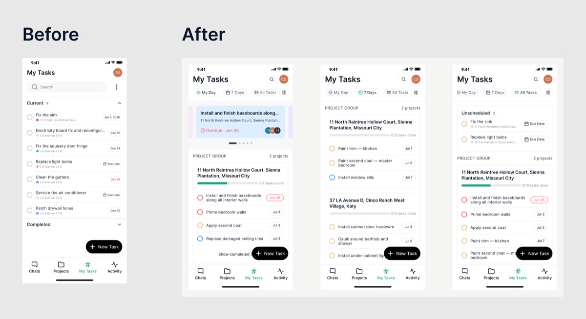 My Tasks before and after: the old single list, and the new My Day, 7 Days and All Tasks views grouped by job site