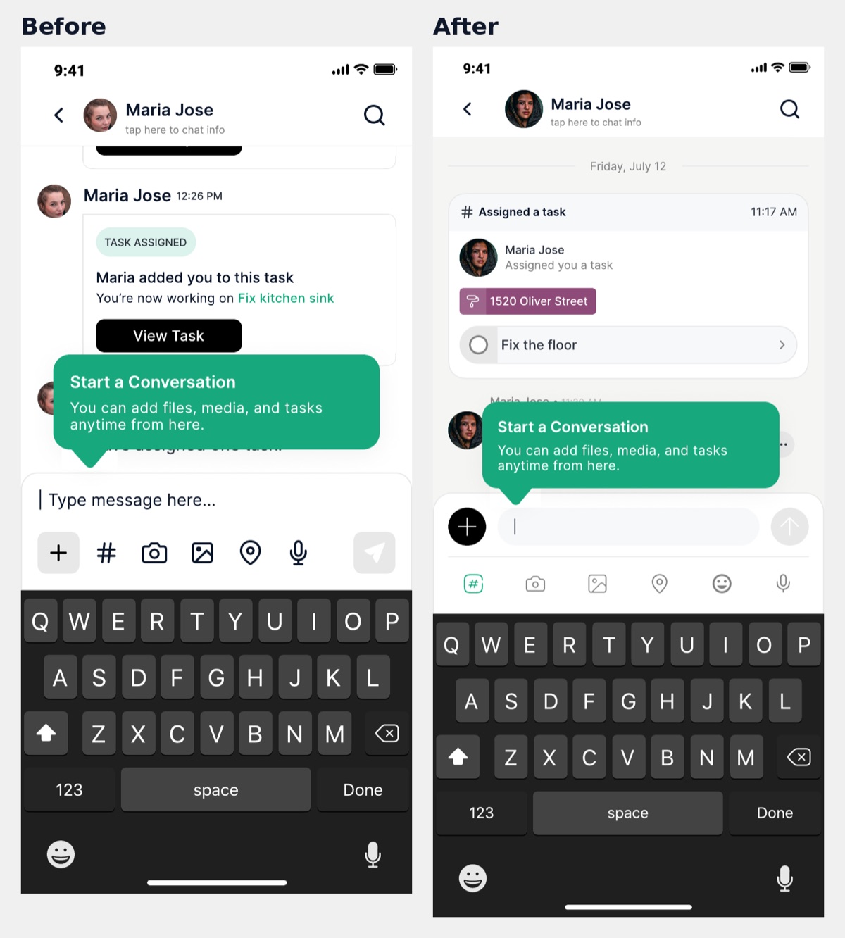 Start a Conversation tooltip on mobile for Carlos, before and after the chat revamp
