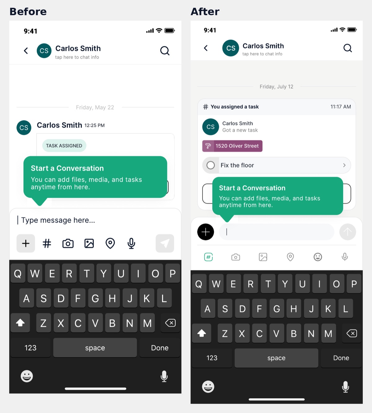 Start a Conversation tooltip on mobile for Maria Jose, before and after the chat revamp