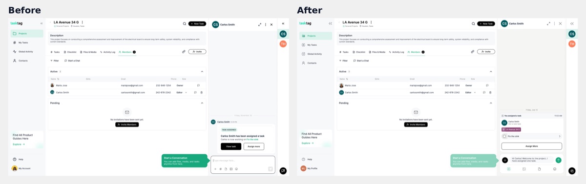 Start a Conversation tooltip on web for Maria Jose, before and after the chat revamp